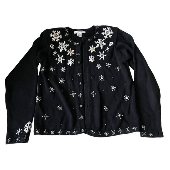 Vintage 1990s Arriviste Snowflake Cardigan Sweater Beaded Embroidered Black S - Picture 12 of 12